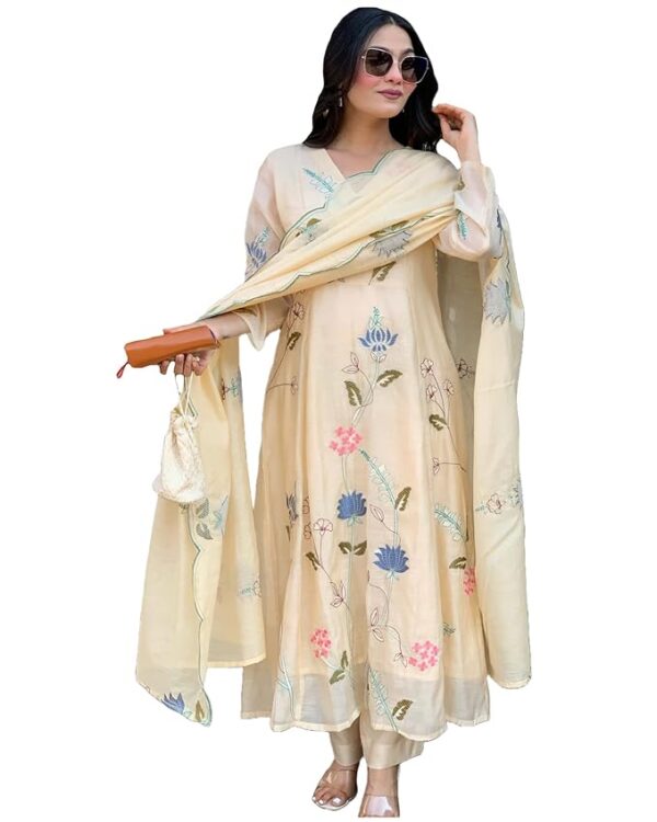 GoSriKi Women's Elegant Chanderi Cotton Embroidered Anarkali Kurta Set with Dupatta for Women | Light Floral Print Suit for Wedding, Parties & Daily Use